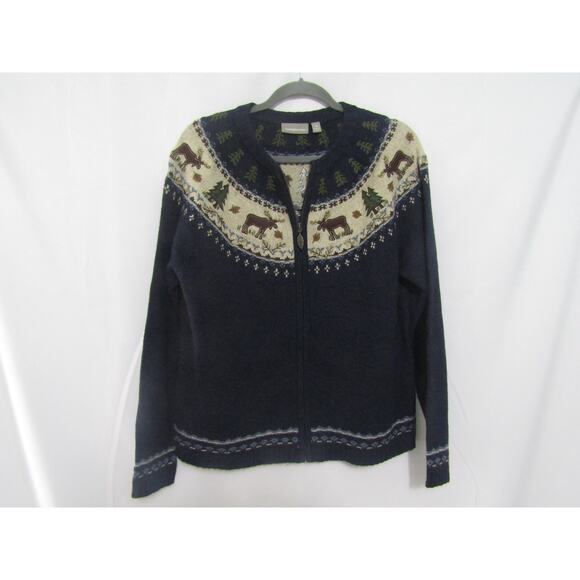 Croft & Barrow M Sweater Zip Cardigan Moose Trees Wool Blend Winter VTG 90s Y2K - Picture 1 of 6